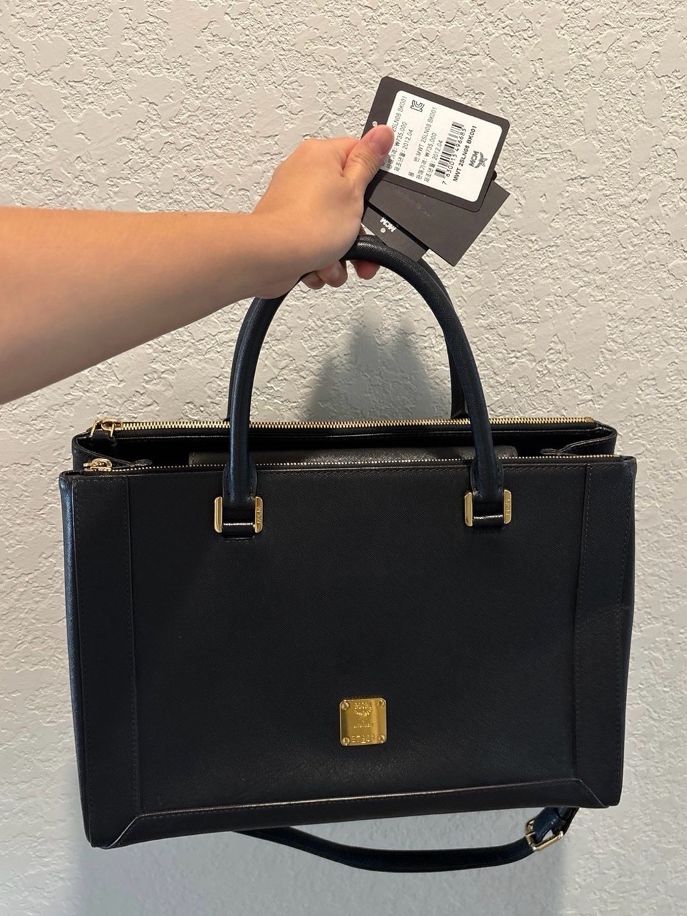 MCM Black Structured Satchel Bag with Gold Hardware